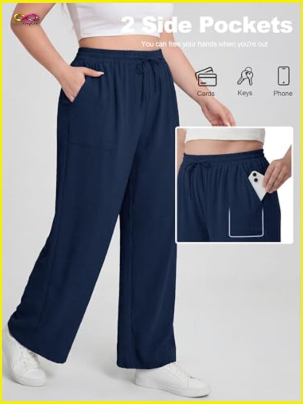 Plus Size Wide Leg Pants High Waist Loose Casual Palazzo with Pockets - Picture 5 of 7